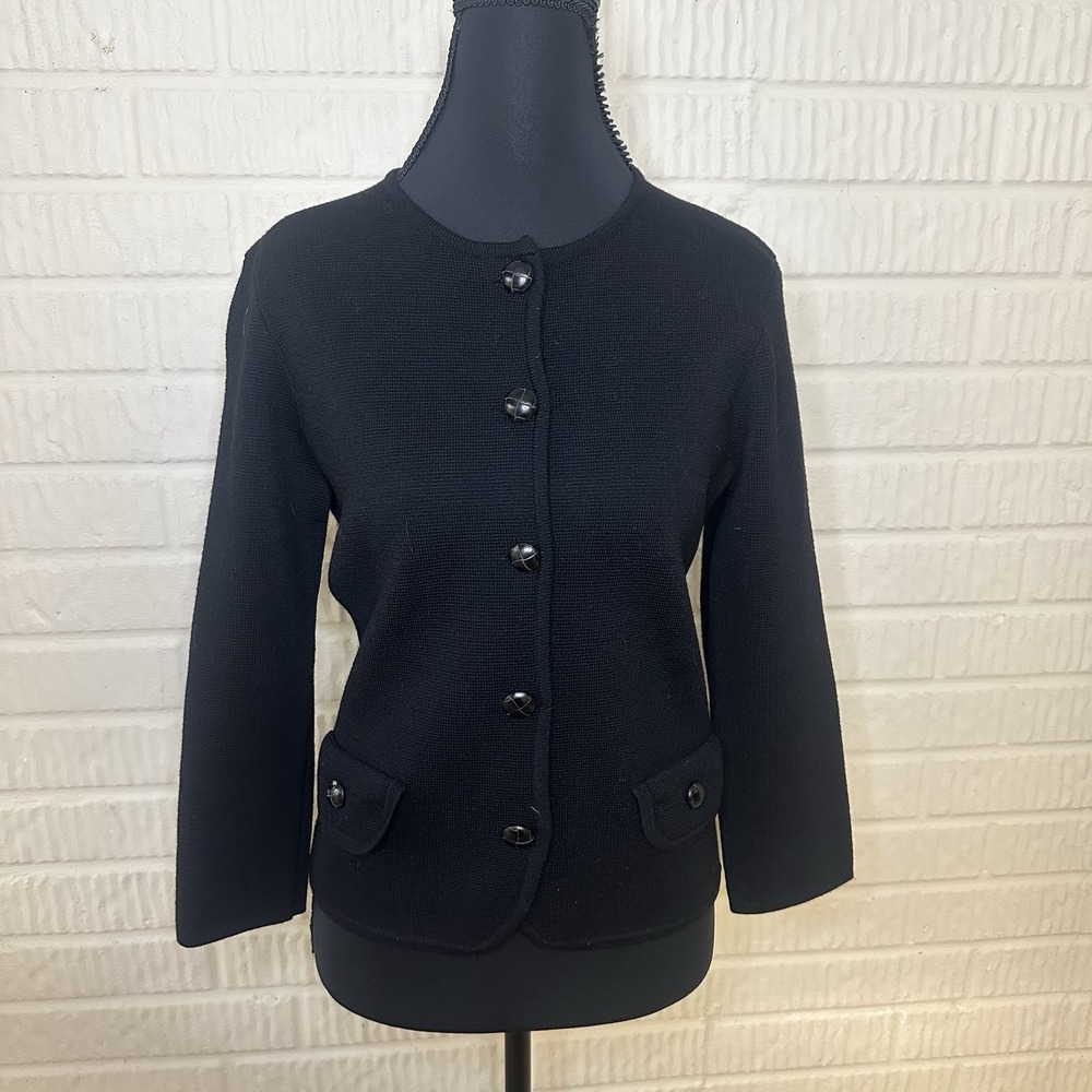 J. Crew Round Neck 100% Wool Button Up Sweater Sz M Black Old Money Preppy